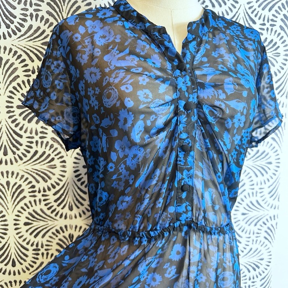 Mimi Chica Sheer Black And Blue Floral Bird Half Button Dress - Picture 1 of 12